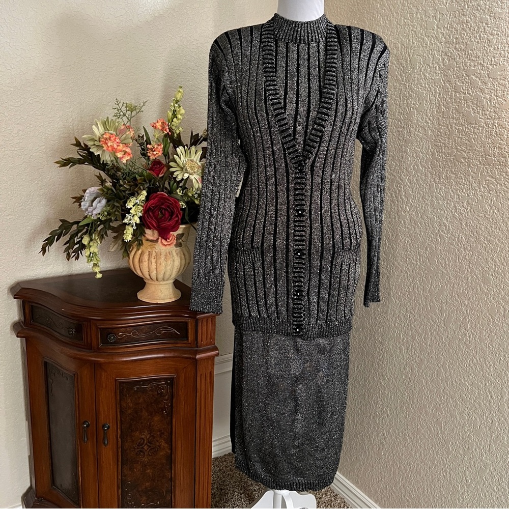 Vintage Destinee 3 Piece Metallic Cardigan and Skirt Set